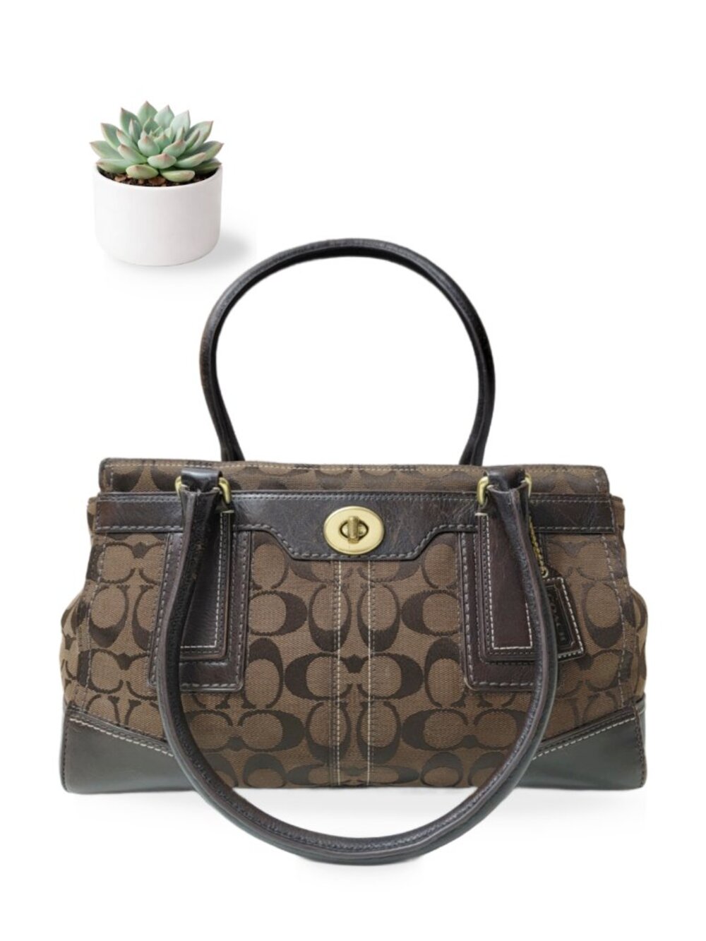 Coach Hampton Signature Tote Carryall Khaki Brown Jacquard Turnlock Bag 11062